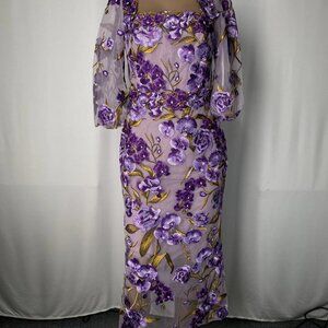 Marchesa Notte Women’s Orchid & Rose Embroidered Tulle Midi Dress – Purple – 0